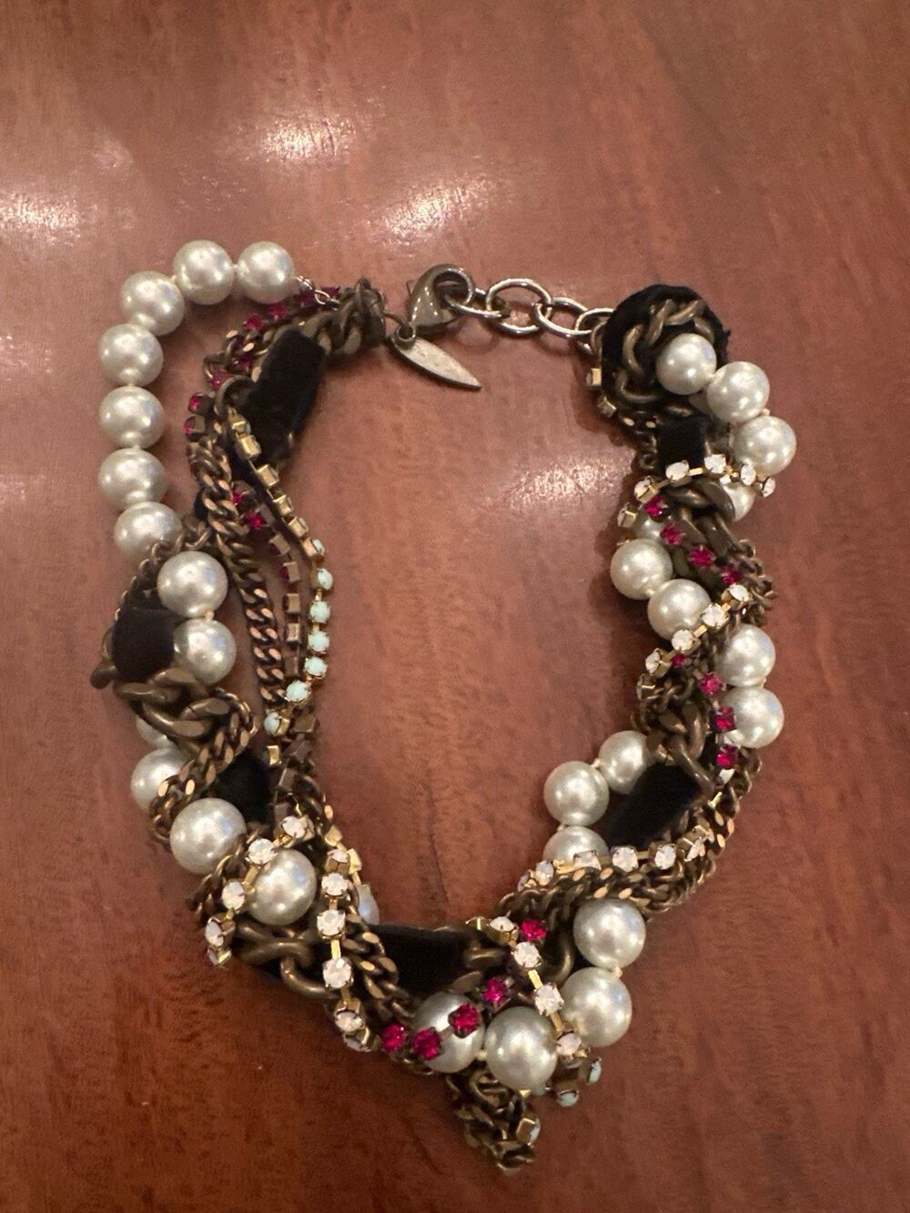 Authentic Fallon Dana Lorenz Pearl Rhinestone Brass Woven Chain Choker Necklace